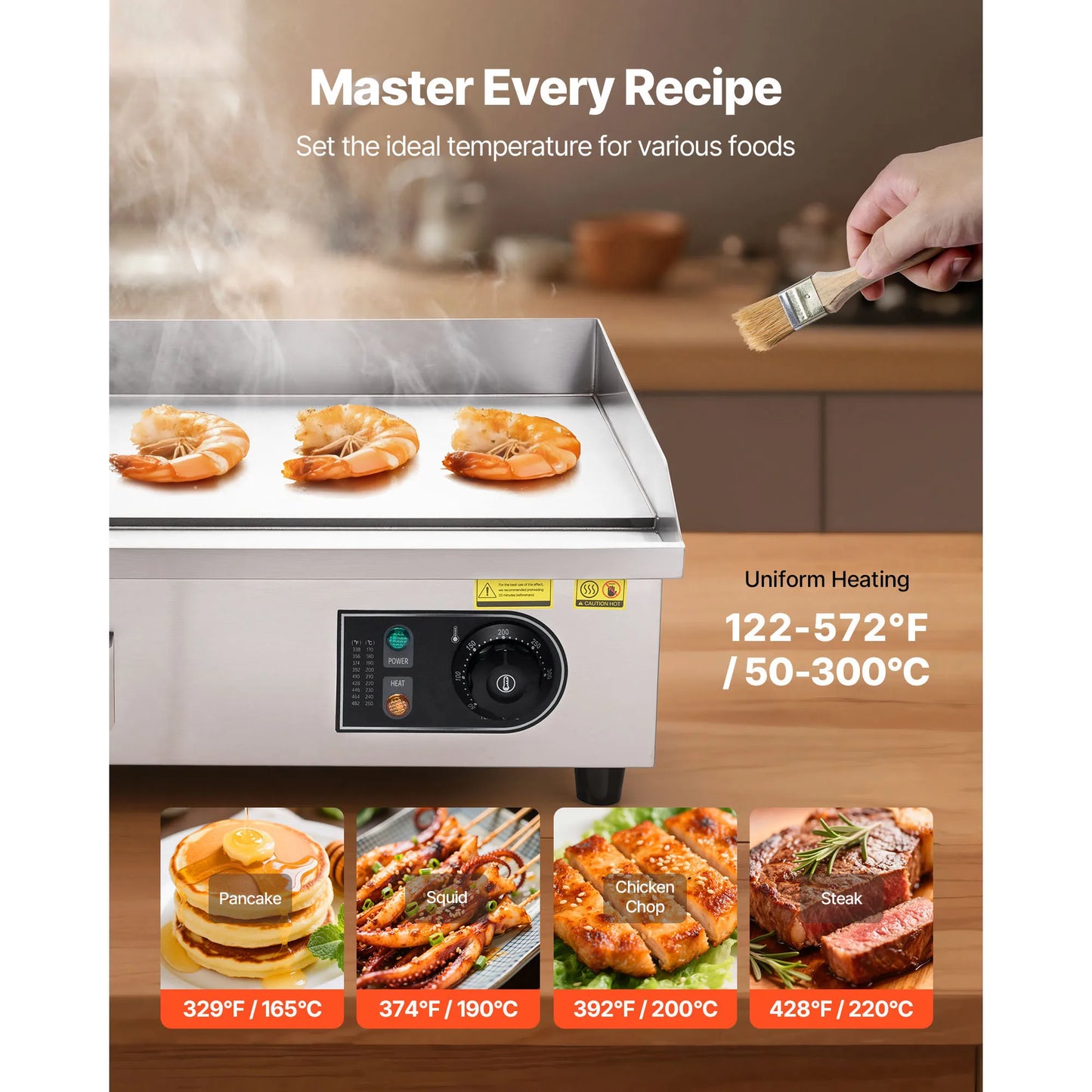 Commercial Electric Griddle 50-300°C Adjustable Temp Control, Stainless Steel Countertop Flat Top Grill for Steak Panc