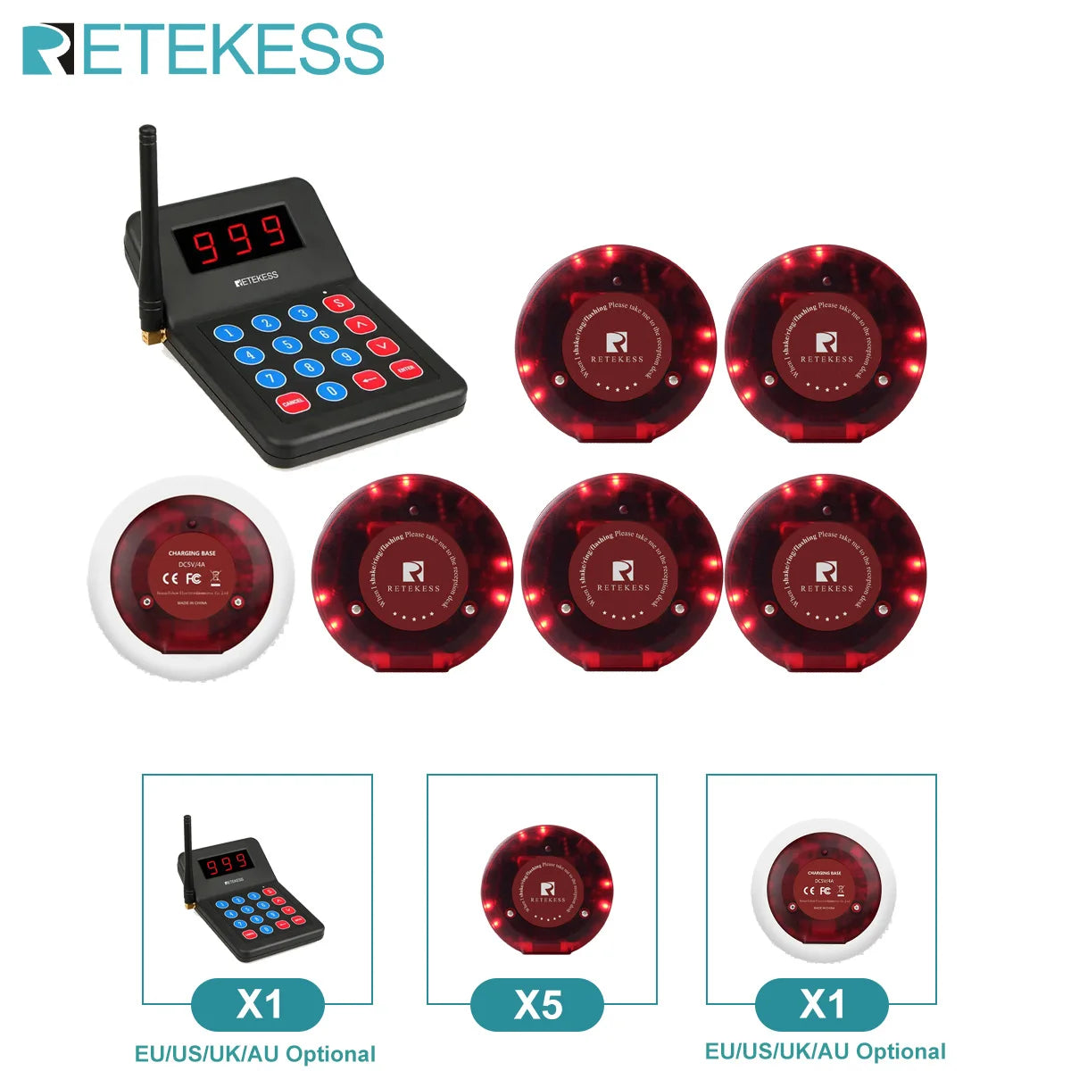 Wireless Restaurant Paging System Coaster Vibrater Buzzer Receiver 2-Way Charge for Cafe Food Trucks