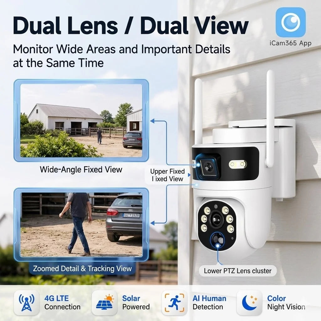 4G Solar Security Camera 2 Pack Dual Lens Outdoor PTZ Wireless CCTV Camera with 4G LTE Connection Solar Powered AI Human Detection Color Night Vision Two Way Audio Motion Alerts Remote App View IP66 Waterproof for Farm Yard G