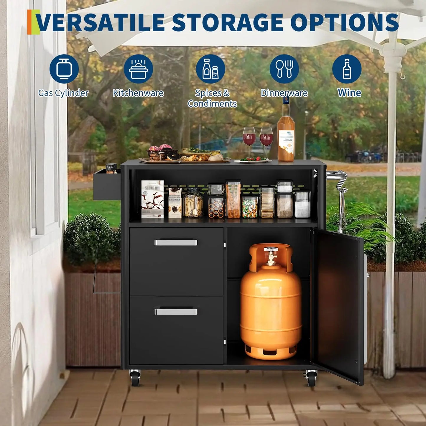 Outdoor Grill Cart With Stainless Steel Prep Table 3 Tier Mobile Kitchen Island With Storage Cabinet And Drawers Lockable Wheels For BBQ Patio Backyard Black