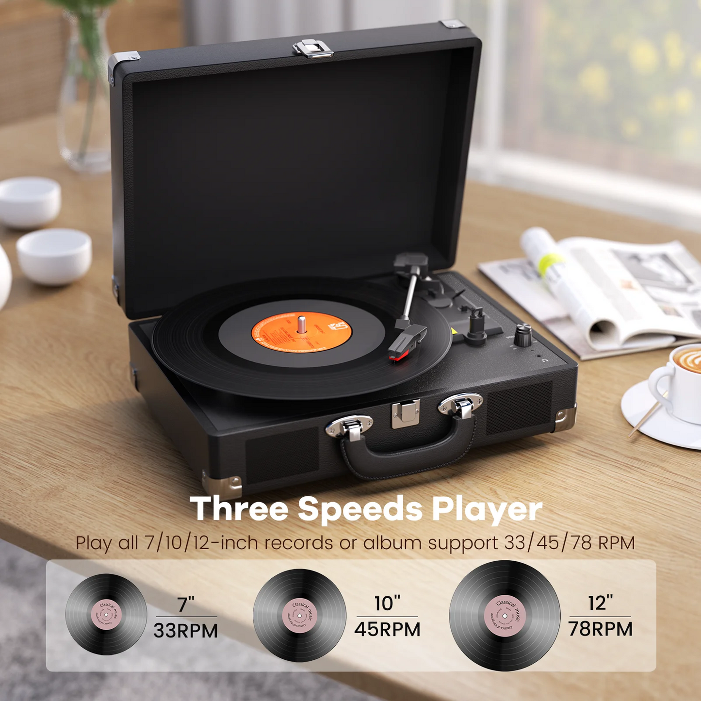 Record Player, 3-Speed 33/45/78RPM Vinyl Spinner with 2 Built-in Stereo Speakers, Headphone Jack