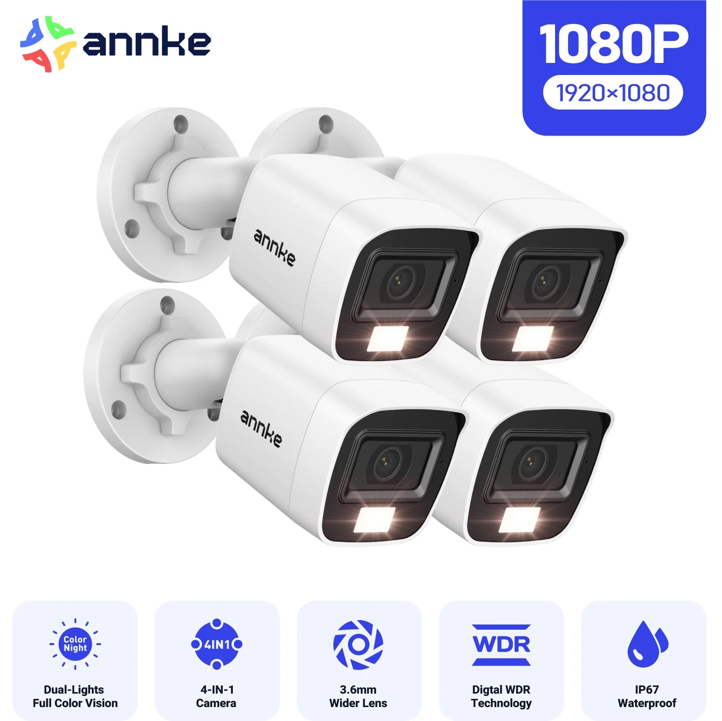 Security Camera Kit 4PCS 2MP Bullet Outdoor Weatherproof Housing 66ft Super Night Vision Smart IR CCTV Camera