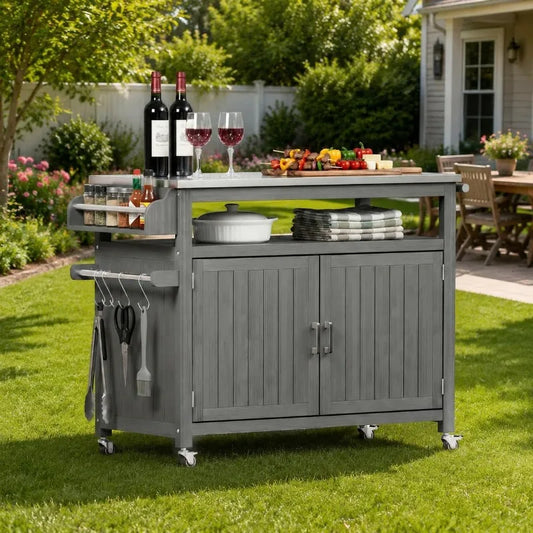 FUQARHY 43.3-Inch Solid Wood Outdoor Kitchen Island with Storage Cabinet, Grill Table with Stainless Steel Top, Outdoor Cooking