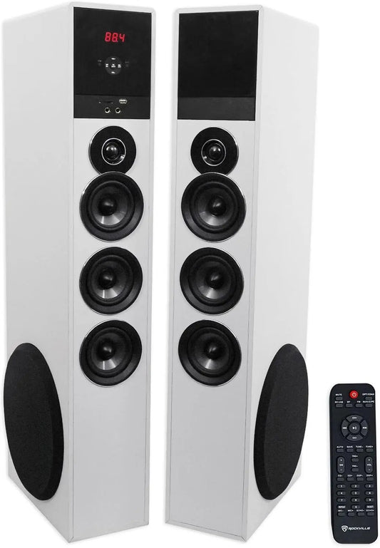 Powered Home Theater Tower Speaker System with 10-Inch Subwoofers, 1000W Peak / 250W RMS, Bluetooth, USB/SD Playback, Optical Input, FM Radio, 8-Band EQ, Karaoke Ready, Mic Inputs, Remote Control, White - Perfect for Home Ent