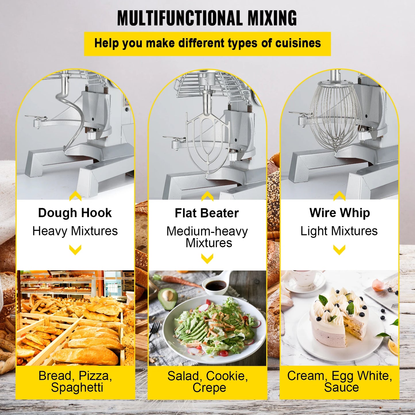 Commercial Food Mixer 10Qt 450W 3 Speeds Adjustable 110/178/390 RPM Heavy Duty Stainless Steel Whisk Beater Premium