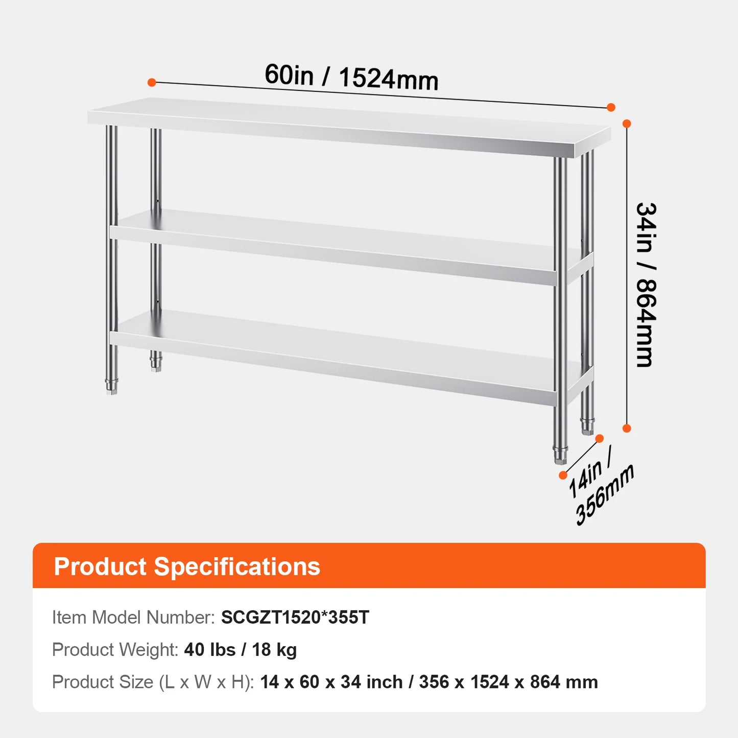Stainless Steel Food Prep Table Commercial Kitchen Worktable with 2 Adjustable Undershelf for BBQ Kitchen Garage