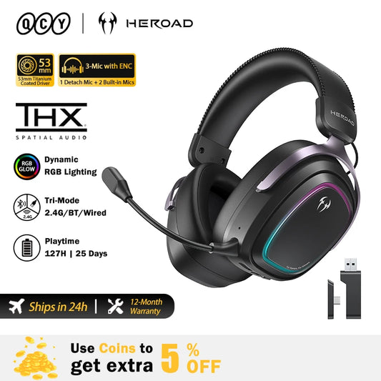 QCY Gaming Headset Heroad GT2 H5GMA THX Spatial Audio+7.1.4 Tri-mode RGB 3Mic ENC Over Ear Headphone for PC/PS5 Headset Gamer
