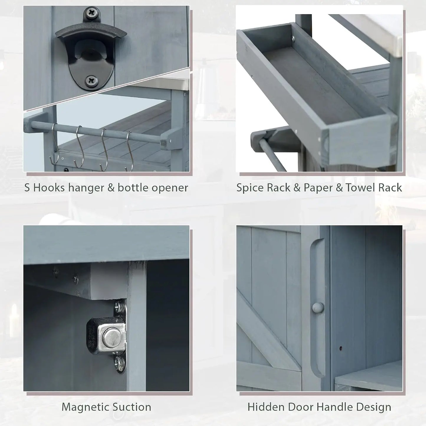 Large Rolling Outdoor Kitchen Island with Storage Cabinet, Wood Grill Table with Steel Top for Kitchen & BBQ, Customized