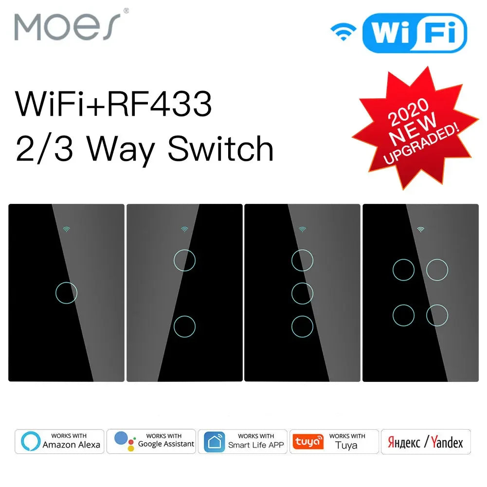 WiFi Smart Wall Light Switch Glass Panel RF433&Wi-Fi Smart Life Tuya APP Remote Control Works With Alexa Google Home 1/2/3 Gang