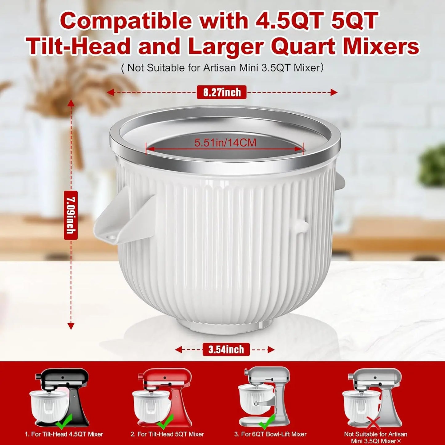 Ice Cream Maker Attachment for KitchenAid Stand Mixers, 2 Quart Frozen Ice Cream, Sorbet & Gelato Maker, Fits 4.5/5QT & 6QT KitchenAid Mixers