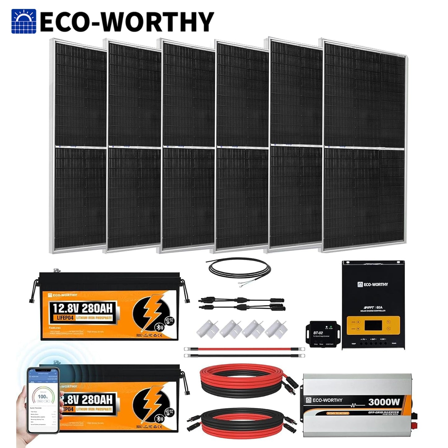 1200W Lithium Battery Solar System Off Grid:6pcs 195W Solar Panels+2Pcs 12.8V 280Ah Battery+60A MPPT+3000W Inverter