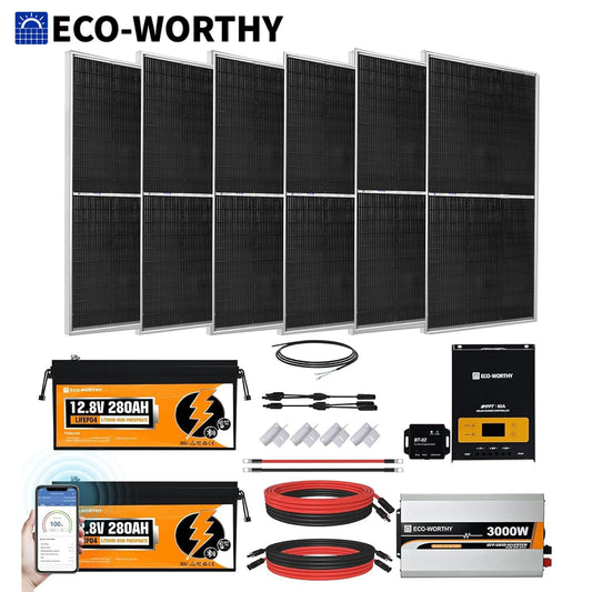 1200W Lithium Battery Solar System Off Grid:6pcs 195W Solar Panels+2Pcs 12.8V 280Ah Battery+60A MPPT+3000W Inverter