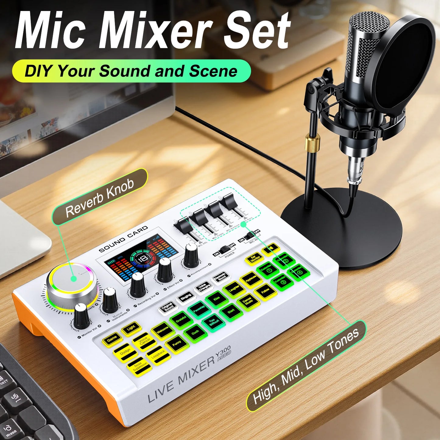 Tenlamp Professional Podcast Equipment Bundle Kit for 4 People, Studio Sound Card with 3.5mm Condenser Mic (Y300-P15B) for PC Smartphone Laptop Computer , Live Audio Mixer Voice Changer for Streaming Singing Gaming Recording