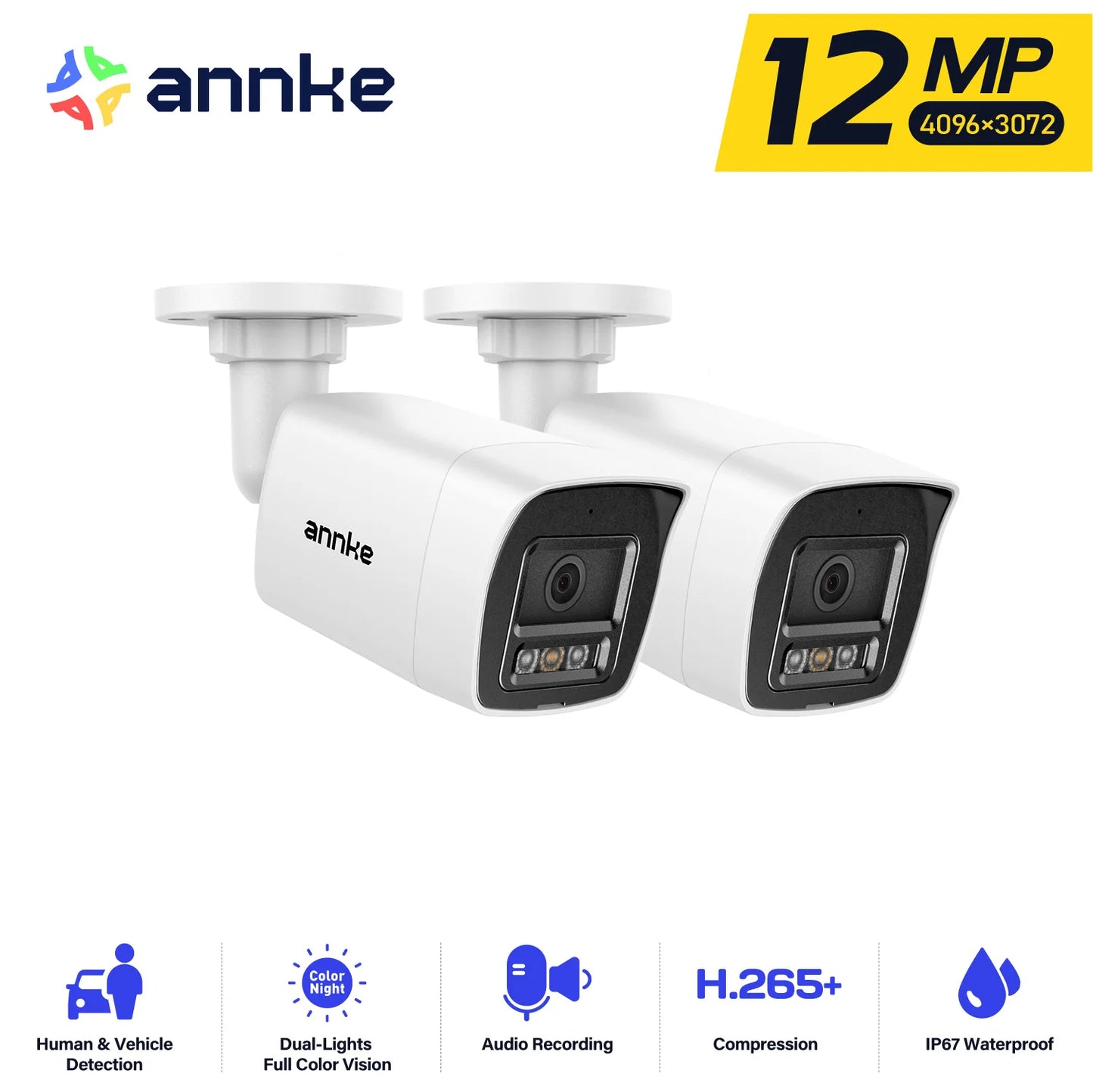 12MP Outdoor Smart Dual Light PoE Security Camera Color IR Night Vision Built-in Microphone IP67 Smart Home H.265+