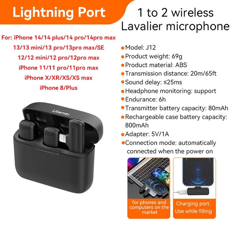 Wireless Lavalier Microphone for iPhone 17 16 iPad, 2-in-1 Plug-Play Mic with Charging Case for Phone Video Recording