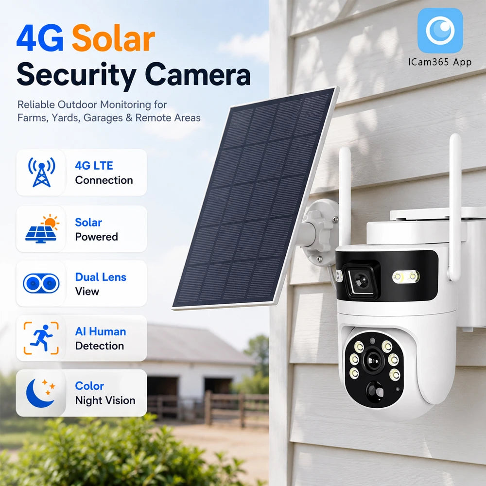 4G Solar Security Camera 2 Pack Dual Lens Outdoor PTZ Wireless CCTV Camera with 4G LTE Connection Solar Powered AI Human Detection Color Night Vision Two Way Audio Motion Alerts Remote App View IP66 Waterproof for Farm Yard G