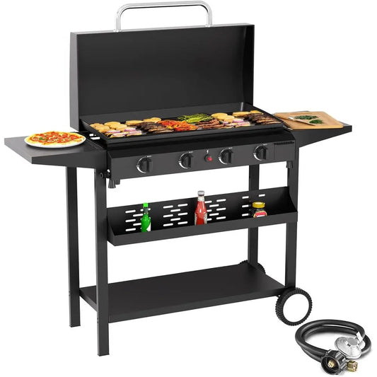 30-Inch Outdoor Portable Propane Gas Griddle with Hood and Side Shelves for BBQ, Camping, and Kitchen Use