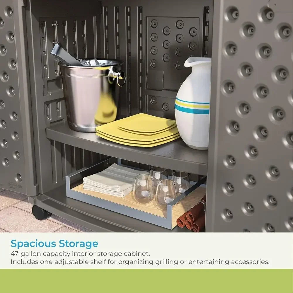 47-Gallon Outdoor Rolling Storage Cabinet with Adjustable Shelves and Utensil Hooks, American-Made Grill Prep Station