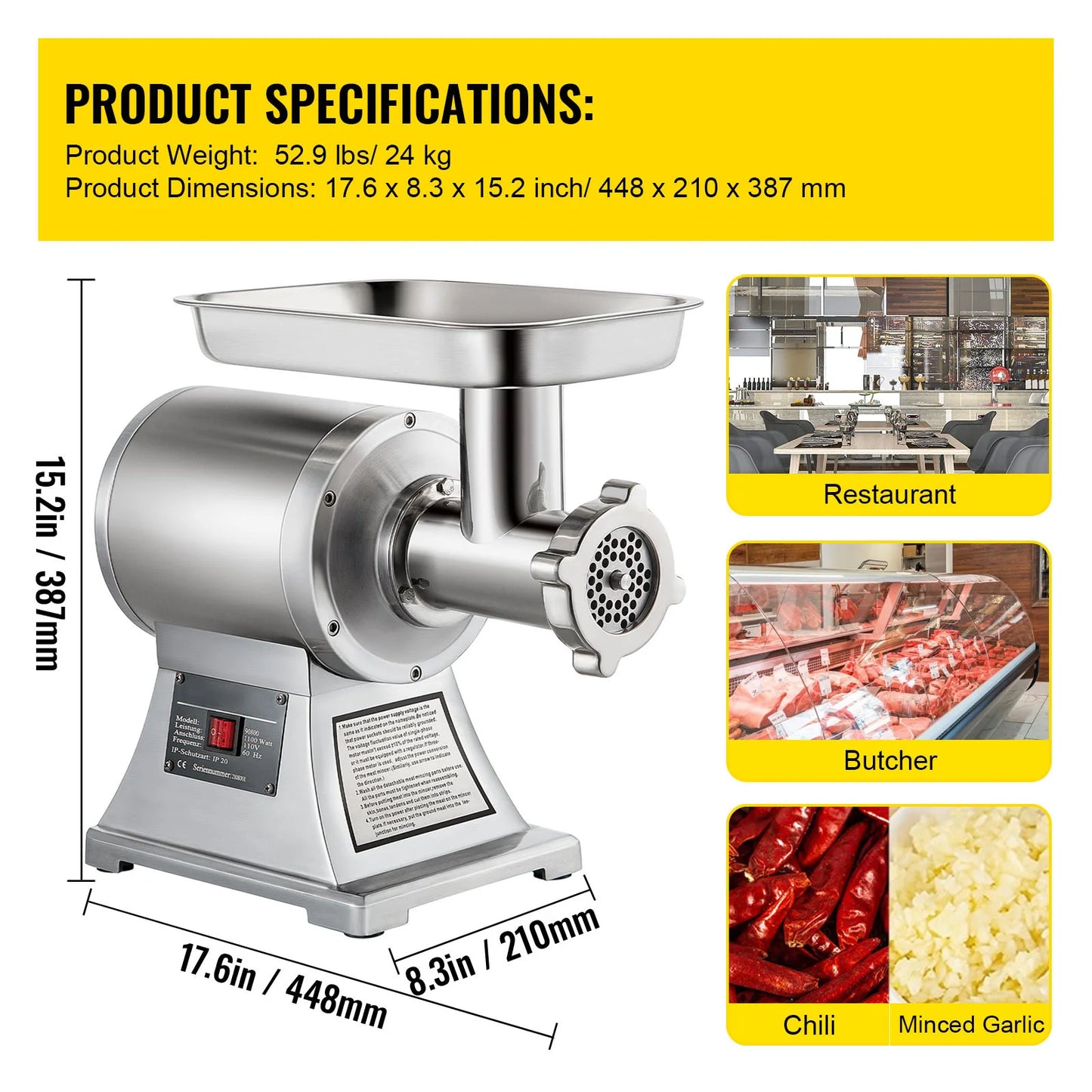 Electric Meat Mincer 330LBS/H Capacity Meat Grinder Machine, Stainless Steel Meat Grinder Commercial Sausage Stuffer Maker for Home & Commercial Use