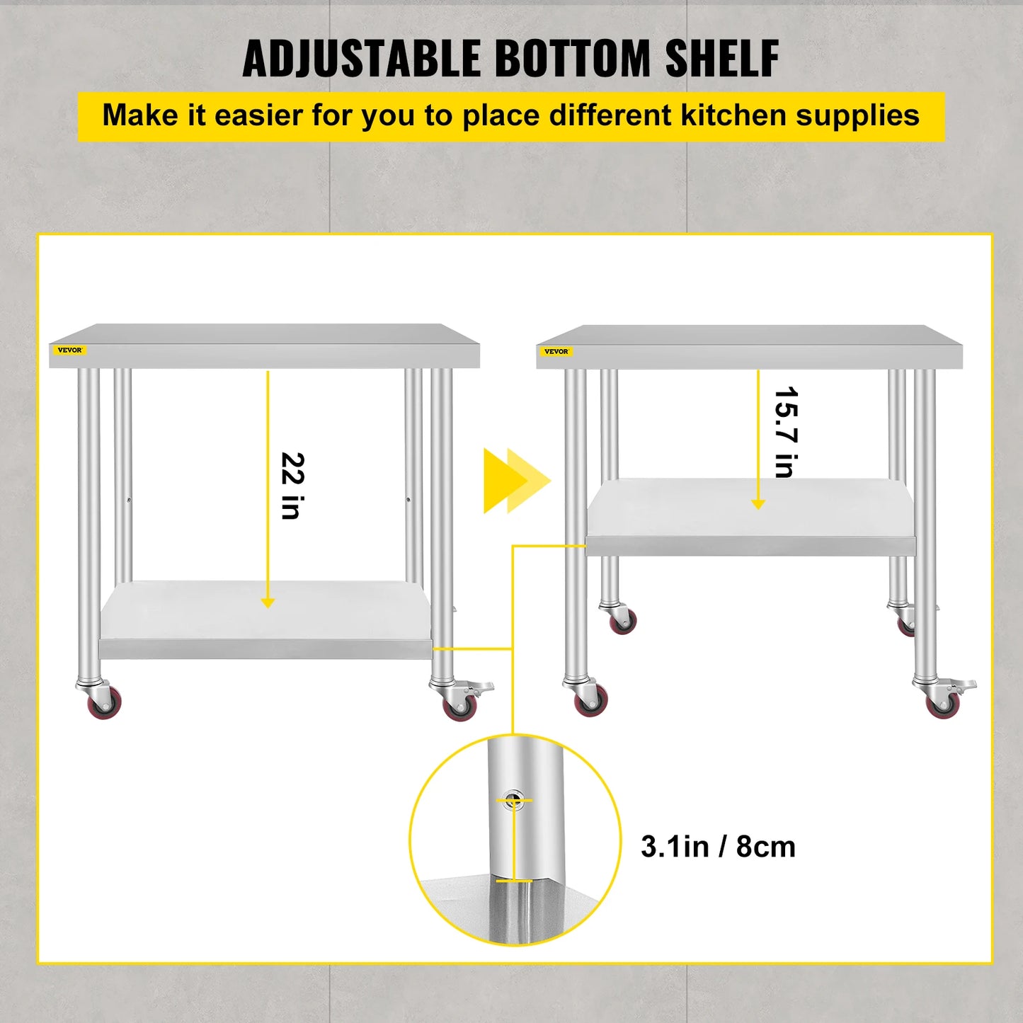 Stainless Steel Kitchen Prep Table With 4 Caster Wheels & Backsplash Loads Up to 100-300KG for Home Storage Rack Dining