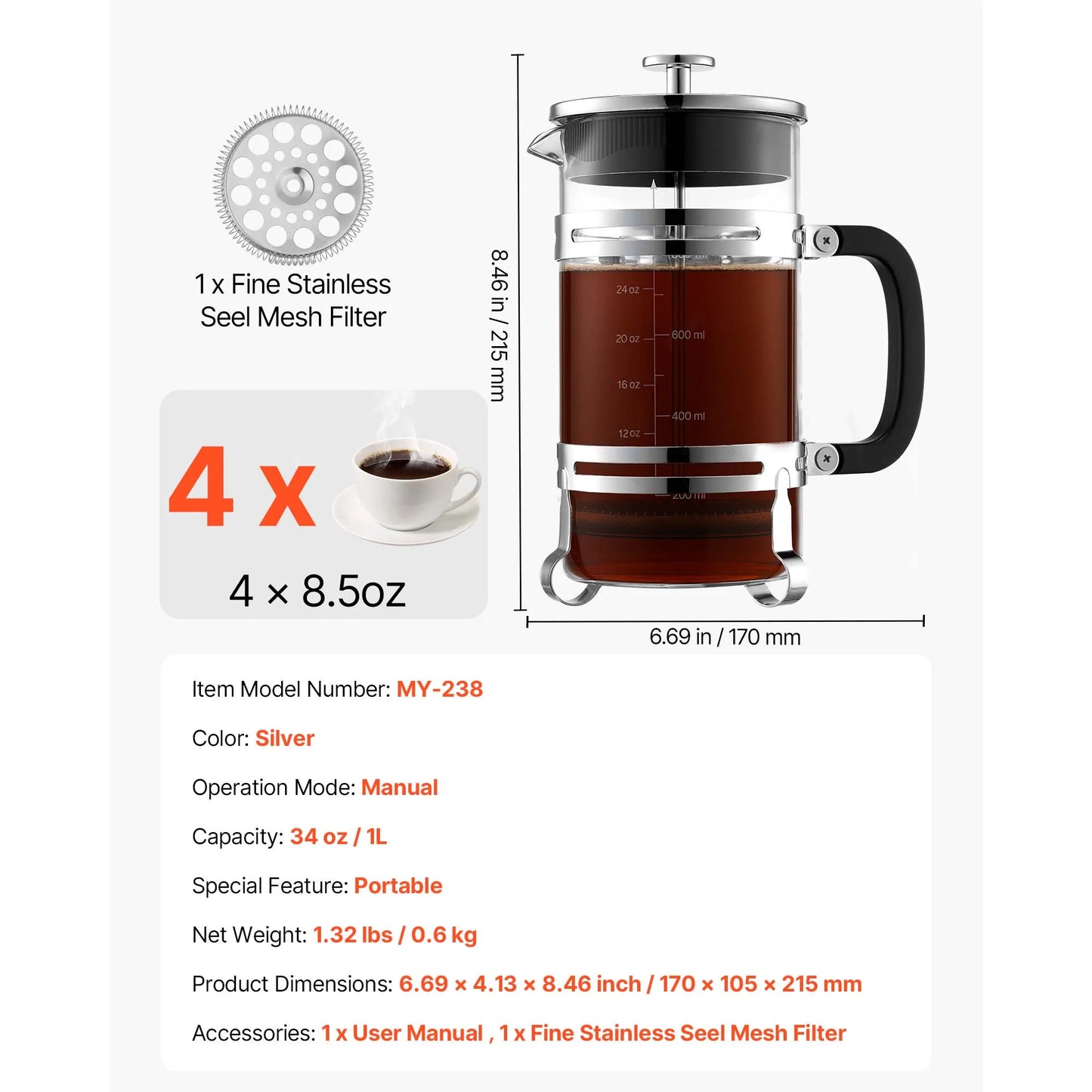 SucceBuy French Press Coffee Maker Borosilicate Glass Coffee Press Tea Maker with Stainless Steel Filter for Camping Travel Home