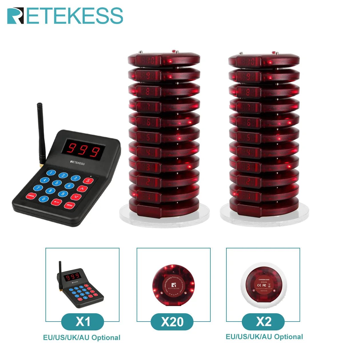 Wireless Restaurant Paging System Coaster Vibrater Buzzer Receiver 2-Way Charge for Cafe Food Trucks