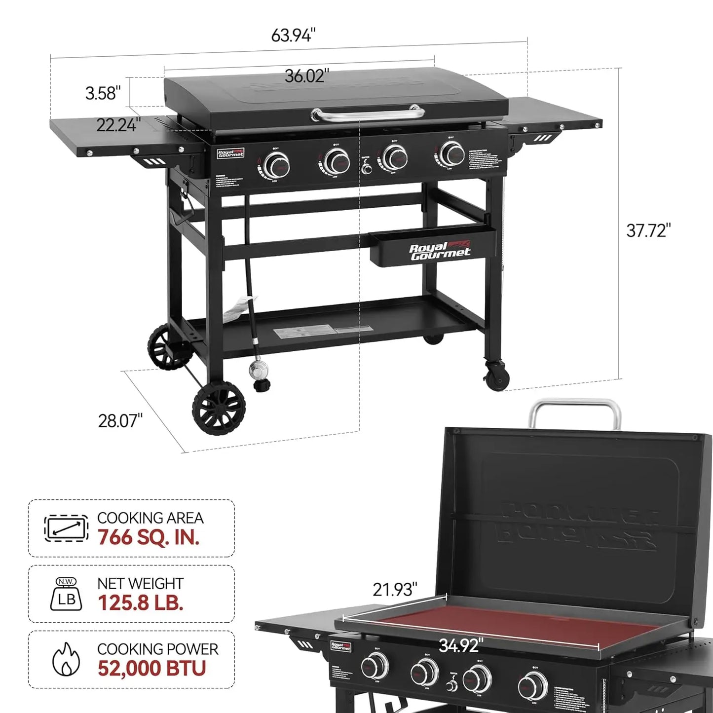 35in 4-Burner Gas Griddle Flat Top Heavy-duty Outdoor Cooking Station Backyard Tailgating 52000 BTU, Custom