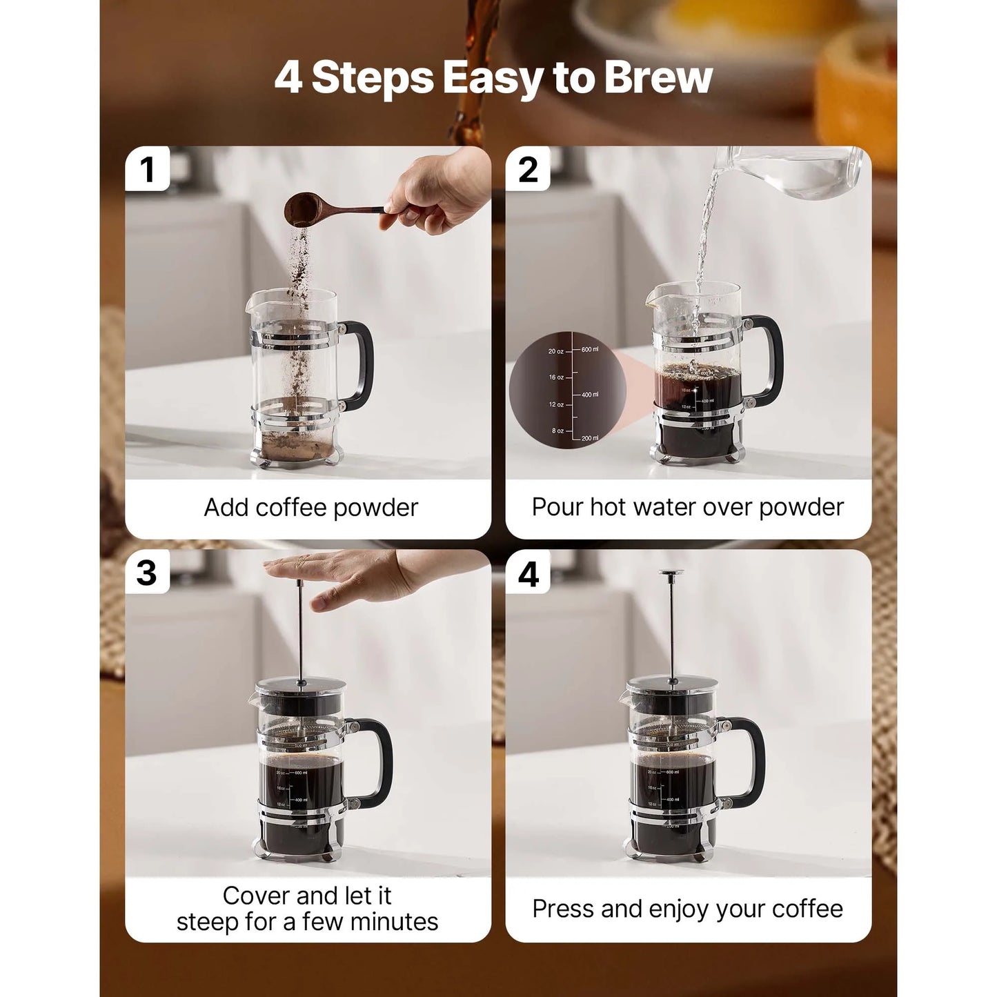 SucceBuy French Press Coffee Maker Borosilicate Glass Coffee Press Tea Maker with Stainless Steel Filter for Camping Travel Home