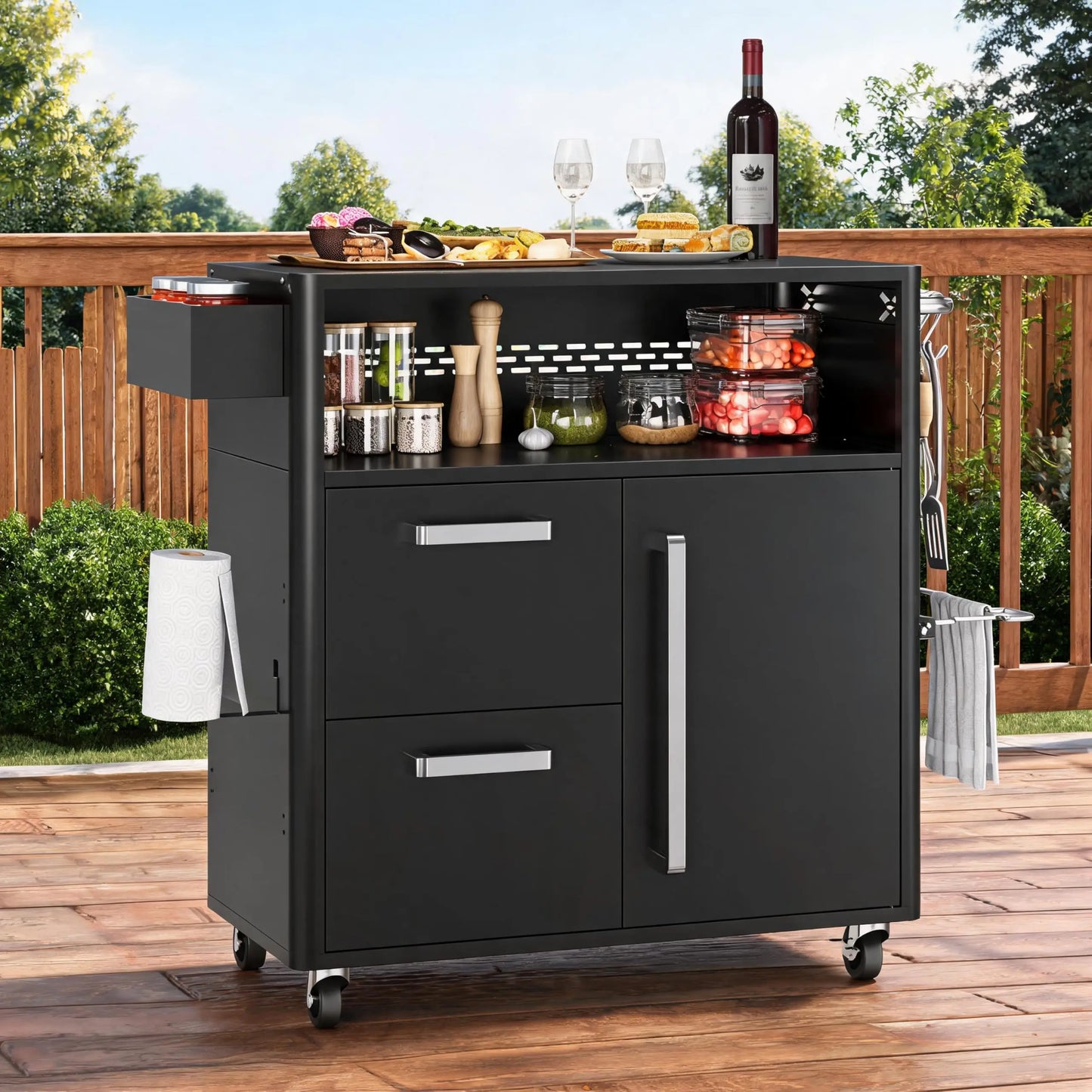 Outdoor Grill Cart With Stainless Steel Prep Table 3 Tier Mobile Kitchen Island With Storage Cabinet And Drawers Lockable Wheels For BBQ Patio Backyard Black