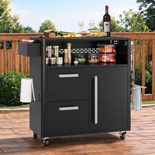 Outdoor Grill Cart With Stainless Steel Prep Table 3 Tier Mobile Kitchen Island With Storage Cabinet And Drawers Lockable Wheels For BBQ Patio Backyard Black