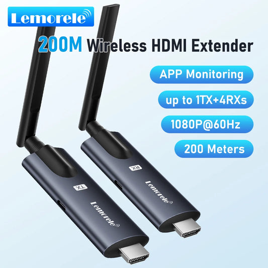 Lemorele 200m Wireless HDMI Transmitter Receiver Kit APP Monitoring Low Latency Plug and Play Transceiver For PC TV Projector